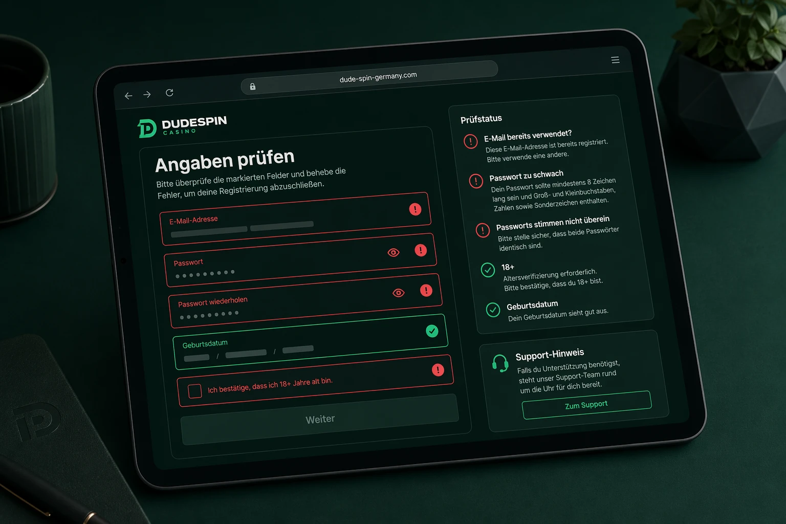 Schwierigkeiten bei der Dudespin Registrierung